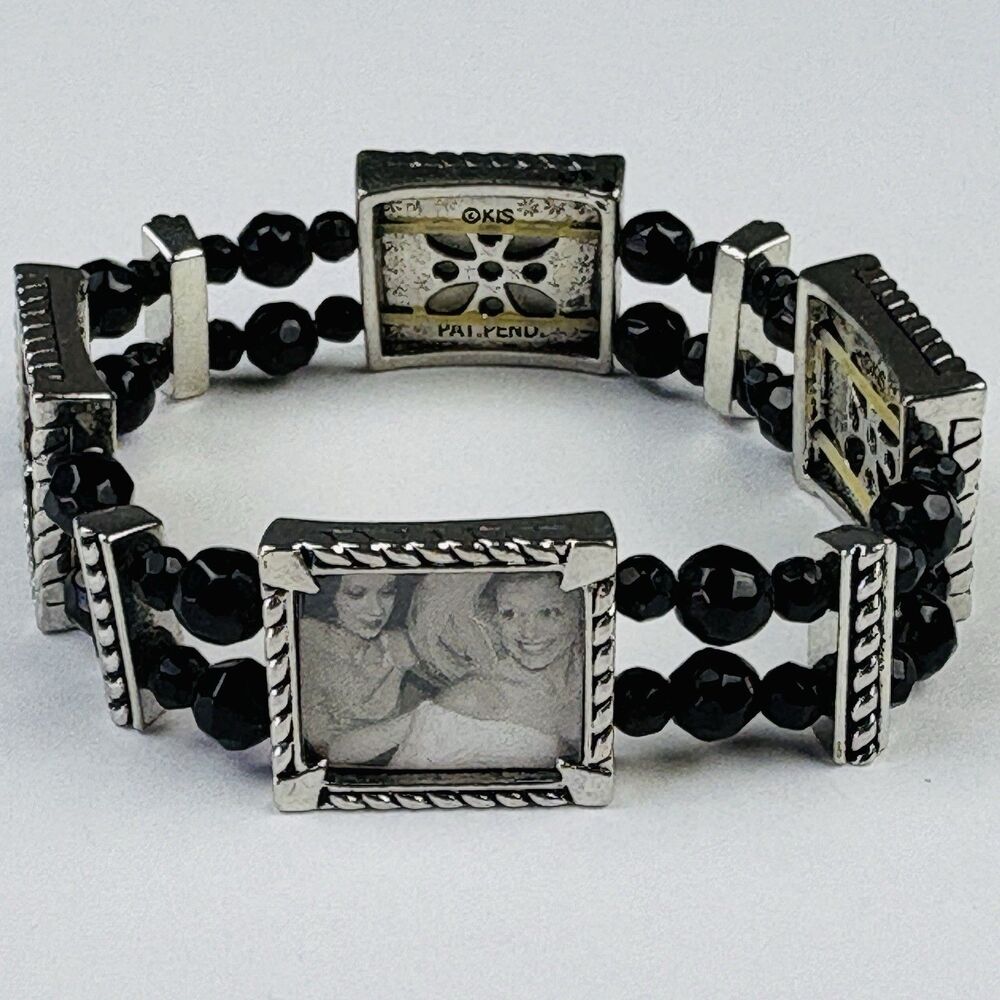 NEW Photo Charm Bracelet Silver Frames Black Jet Beads Stretch Mothers Day Gift